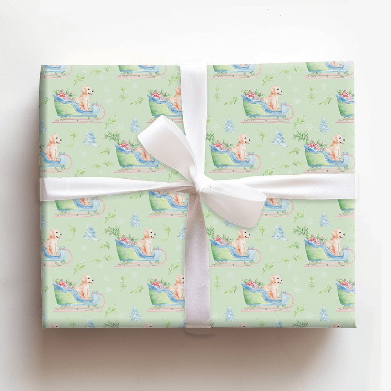 Watercolor Puppy Christmas Gift Wrap, Golden Retriever Sleigh Wrapping Paper, Holiday Dog Sleigh Wrapping Paper, Adorable Pet Present Packaging