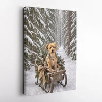 Snowy Forest Dog Wall Art, Winter Terrier Sled Canvas, Christmas Puppy Sleigh Canvas Print, Rustic Holiday Dog Lover Wall Decor