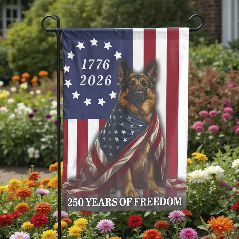 Patriotic German Shepherd Garden Flag | 250 Years of Freedom 1776-2026 US Semiquincentennial Double Sided | Weatherproof Polyester | American Dog Lover Gift