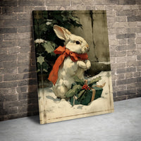 Whimsical Bunny Canvas Print, Vintage Christmas Rabbit Canvas Wall Art, Holiday Bunny with Red Bow Canvas, Comfy Xmas Home Decor Present