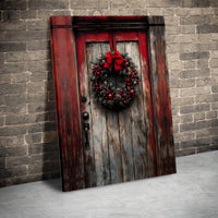 Red Barn Door Farmhouse Holiday Print, Rustic Christmas Wreath Canvas Wall Art, Winter Festive Decor, Digital Download Printable Poster