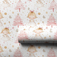 Whimsical Holiday Girl and Gold Stars Gift Wrap Paper, Pink Christmas Wrapping Paper, Adorable Pastel Xmas Present Wrapping Paper Roll