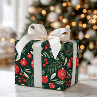 Pine Bough Holiday Gift Wrap, Christmas Ornament Wrapping Paper, Dark Green Red Festive Wrapping Paper, Winter Holiday Gift Wrap Roll