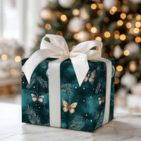 Teal Pine Ornament Gift Wrap, Winter Butterfly Wrapping Paper, Botanical Christmas Wrapping Paper, Nature Holiday Present Gift Wrap