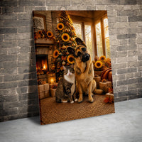 Sunflower Christmas Tree Wall Art, German Shepherd and Tabby Cat Canvas, Comfy Holiday Pet Portrait Canvas, Pet Lover Winter Decor Print