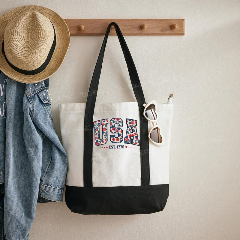Usa Where Liberty Blooms Color-blocked Canvas Bag