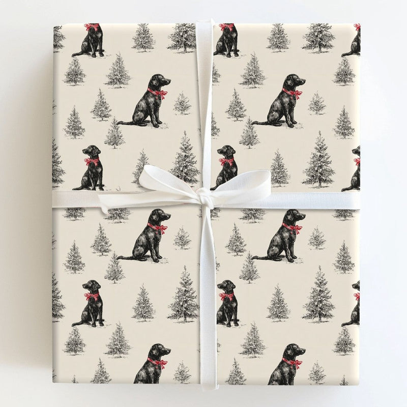 Rustic Holiday Dog Gift Wrap, Black Labrador Christmas Wrapping Paper, Pine Tree Puppy Wrapping Paper, Pet Gift Wrap, Dog Lover Present Wrap