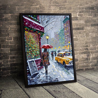 Snowy NYC Taxi Street Scene Canvas Print, New York City Christmas Canvas Wall Art, Holiday City Wall Decor, Winter NYC Canvas Wall Art Print
