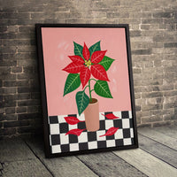 Modern Christmas Botanical Canvas, Pink Poinsettia Wall Art, Festive Checkerboard Poinsettia Print, Holiday Poinsettia Poster, Printable