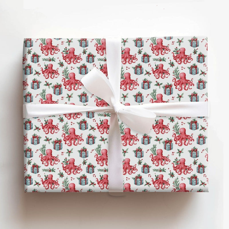 Coastal Nautical Holiday Gift Wrap, Christmas Octopus Wrapping Paper, Red Octopus Xmas Wrapping Paper, Whimsical Marine Life Wrapping Paper