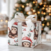 Adorable Animal Christmas Gift Wrap, Santa Hat Monkey Wrapping Paper, Watercolor Chimpanzee Wrapping Paper Roll, Kids Holiday Gift Wrap