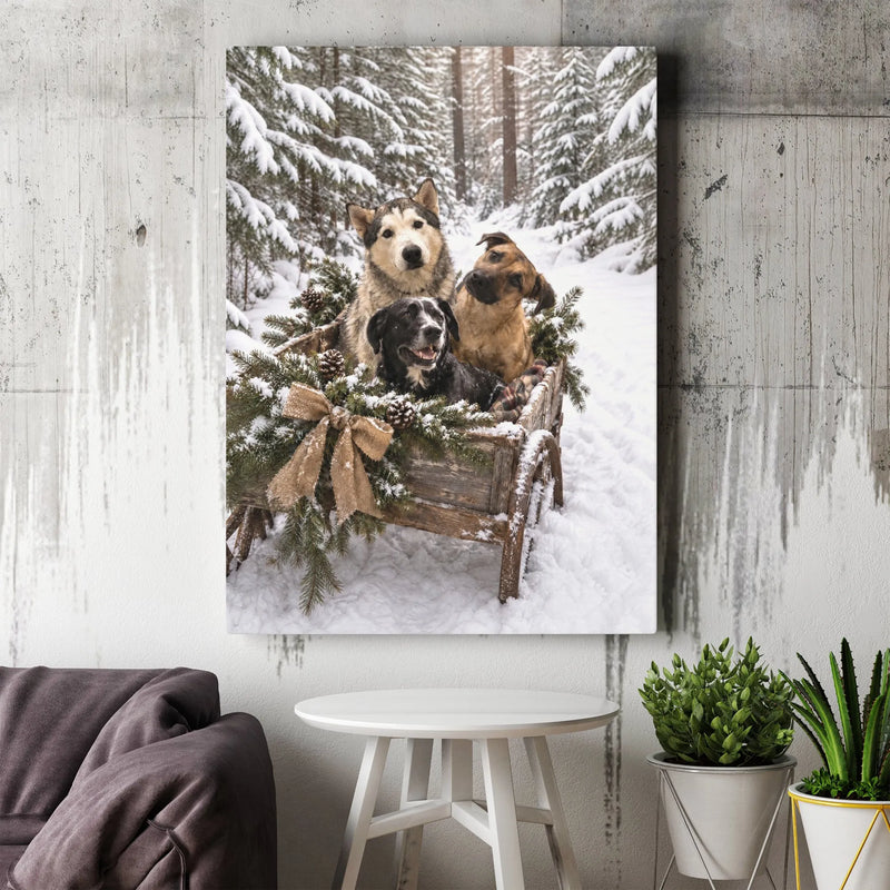 Winter Dog Wall Art, Dogs in Snow Sleigh Canvas, Christmas Dogs Snowy Forest Canvas Print, Holiday Dog Lover Wall Decor, Festive Pet Present