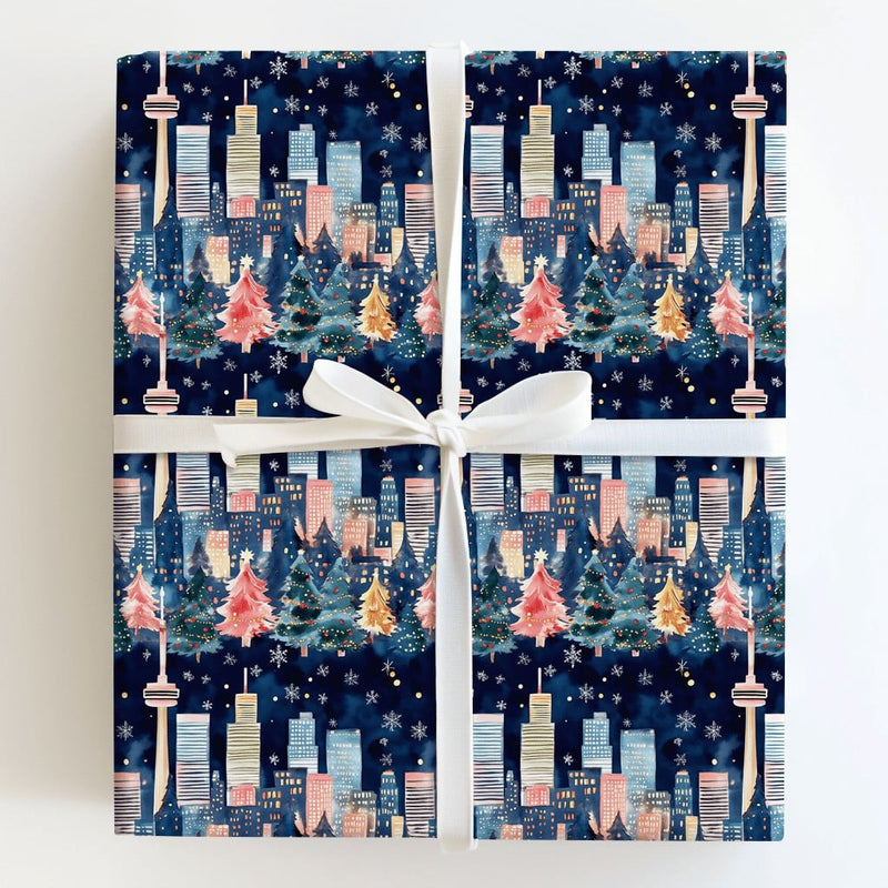 Snowy CN Tower Gift Wrap, Toronto Skyline Christmas Wrapping Paper, Night Cityscape Holiday Gift Wrapping Paper, Canada Winter Present Wrap