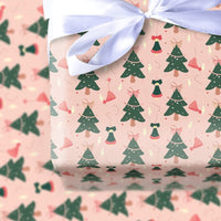 Whimsical Holiday Gift Wrap, Pink Christmas Tree Wrapping Paper, Santa Hat and Bells Xmas Wrapping Paper, Adorable Festive Gift Wrap Roll