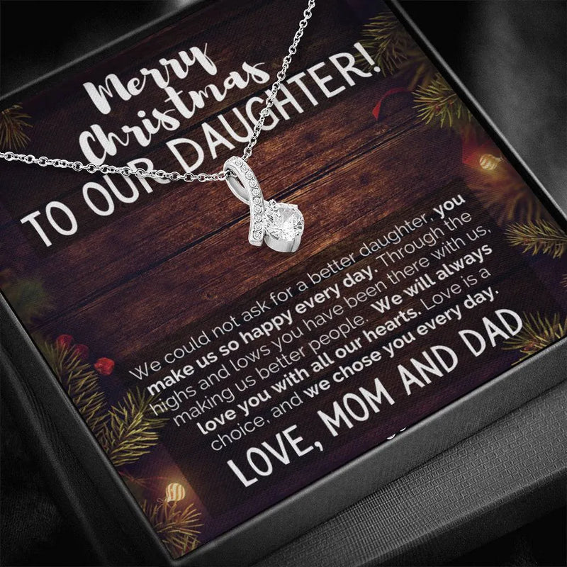 Sparkling Cubic Zirconia Ribbon Pendant, Daughter Christmas Ribbon Necklace, 14k White Gold Stainless Steel Necklace, Holiday Present