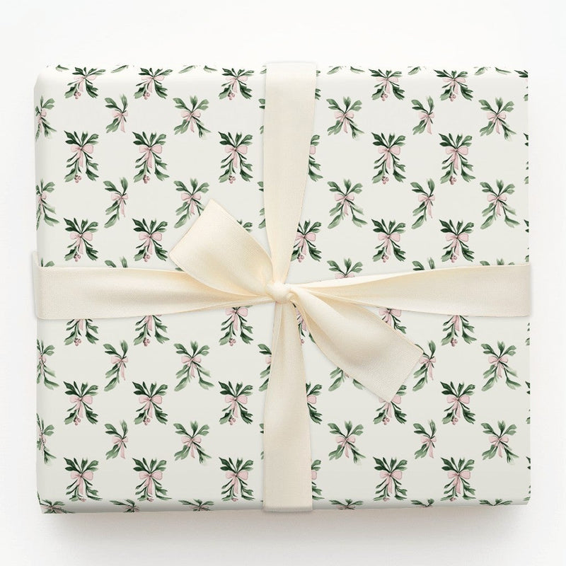 Pink Bow Gift Wrap, Watercolor Mistletoe Wrapping Paper, Holiday Botanical Wrapping Paper, Elegant Winter Christmas Gift Wrapping Paper