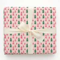 Festive Holiday Gift Wrap Paper, Pink Watercolor Christmas Tree Wrapping Paper, Modern Pastel Christmas Wrapping Paper Roll Present Wrap