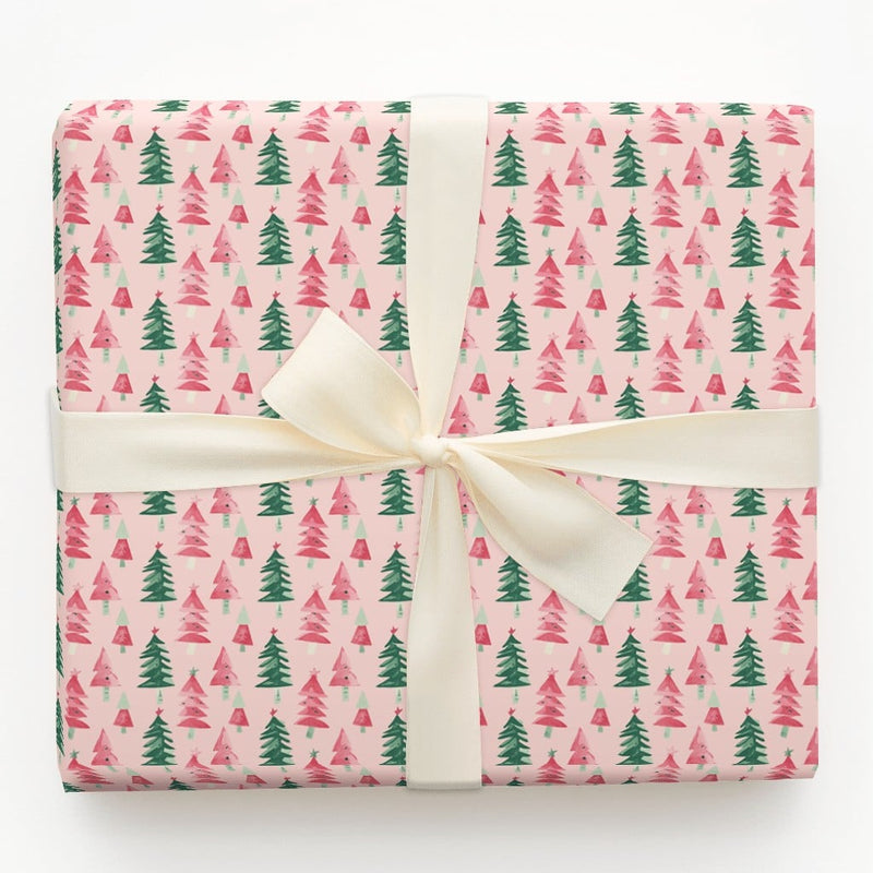 Festive Holiday Gift Wrap Paper, Pink Watercolor Christmas Tree Wrapping Paper, Modern Pastel Christmas Wrapping Paper Roll Present Wrap