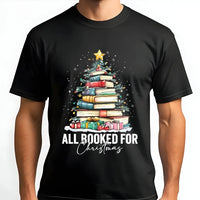 Book Stack Tree Graphic Tee, All Booked for Christmas Shirt, Holiday Bookish T-Shirt, Librarian Christmas Tee, Book Lover Holiday Shirt