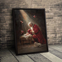 Religious Christmas Canvas Wall Art, Santa Kneeling to Baby Jesus Canvas Art, Christian Nativity Canvas Print, Digital Download Xmas Decor