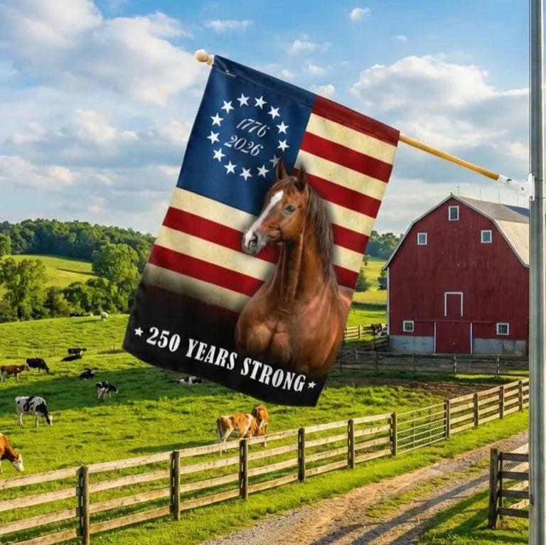 Patriotic Horse Garden Flag | 250 Years Strong Betsy Ross Design | Double-Sided Weather-Resistant Polyester | USA Independence Decor