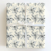 Grayscale Floral Gift Wrap, Vintage Poinsettia Christmas Wrapping Paper, Sketched Botanical Wrapping Paper, Elegant Winter Wrapping Paper