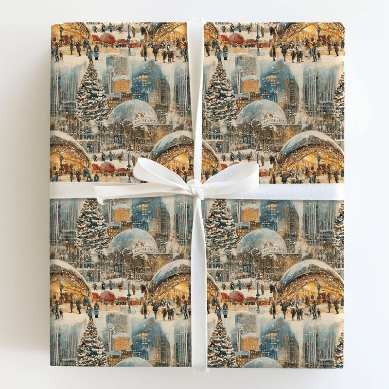 Snowy Millennium Park the Bean Gift Wrap, Chicago Christmas Wrapping Paper, Watercolor City Skyline Gift Wrap, Winter Holiday Present Paper
