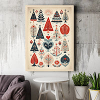 Vintage Folk Art Canvas Print, Scandinavian Christmas Tree Canvas Wall Art, Nordic Winter Holiday Canvas, Rustic Christmas Wall Art Decor