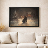 Romantic Snowy Evening Oil Painting Art, Victorian Winter Couple Canvas Print, Comfy Christmas Scene Canvas, Holiday Winter Wall Decor