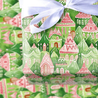 Pink Fairy Tale House Gift Wrap, Watercolor Christmas Village Wrapping Paper, Whimsical Holiday Wrapping Paper, Festive Winter Gift Wrap