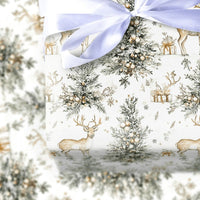 Rustic Watercolor Reindeer Gift Wrap, Woodland Reindeer Wrapping Paper, Winter Pine Tree Reindeer Paper Roll, Christmas Gift Wrapping Paper