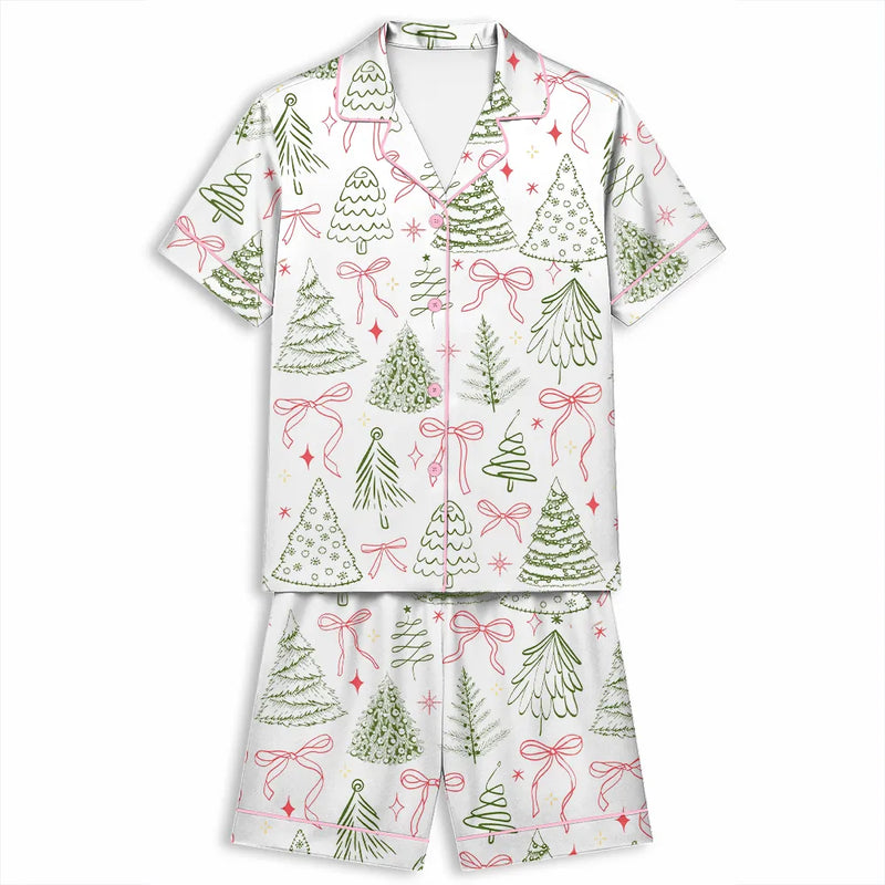 Coquette Bow Holiday Sleepwear, Preppy Christmas Tree Satin Pajama Set, Silky Short Sleeve Button Up PJ Set, Festive Xmas Loungewear