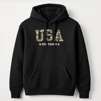 USA Camo Hoodie | Military Camouflage Typography 250 Years Design | Soft Cotton-Polyester Blend | Patriotic Gift for Veterans and Hunters
