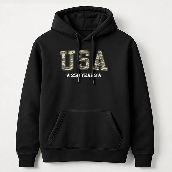 USA Camo Hoodie | Military Camouflage Typography 250 Years Design | Soft Cotton-Polyester Blend | Patriotic Gift for Veterans and Hunters