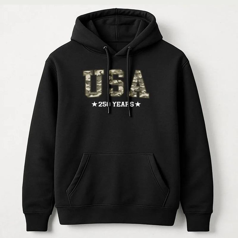 USA Camo Hoodie | Military Camouflage Typography 250 Years Design | Soft Cotton-Polyester Blend | Patriotic Gift for Veterans and Hunters