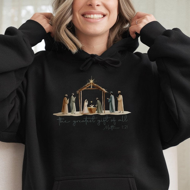 The Greatest Present of All Sweatshirt, Nativity Scene Hoodie, Christian Christmas Pullover, Religious Faith Hooded Sweater, Xmas Present for Her