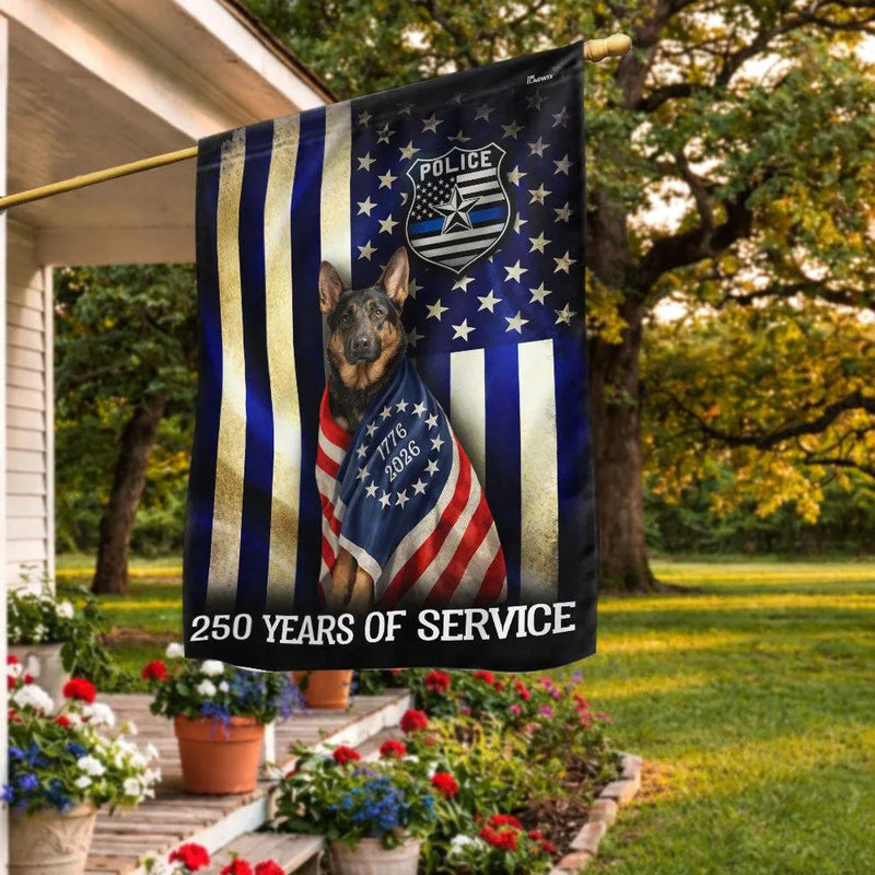 German Shepherd Thin Blue Line Garden Flag | 250 Years Police Service Tribute | Double-Sided Polyester | Law Enforcement Support Decor