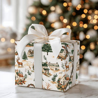 Rustic Watercolor Winter Wrapping Paper, Christmas Village Wrapping Paper, Comfy Pine Tree Gift Wrap, Reindeer Holiday Winter Wrapping Paper