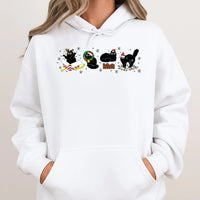 Festive Kitten Graphic Hoodie, Christmas Black Cat Hoodie, Humorous Cat Lover Holiday Hoodie, Adorable Animal Winter Pullover Sweatshirt, Xmas Present