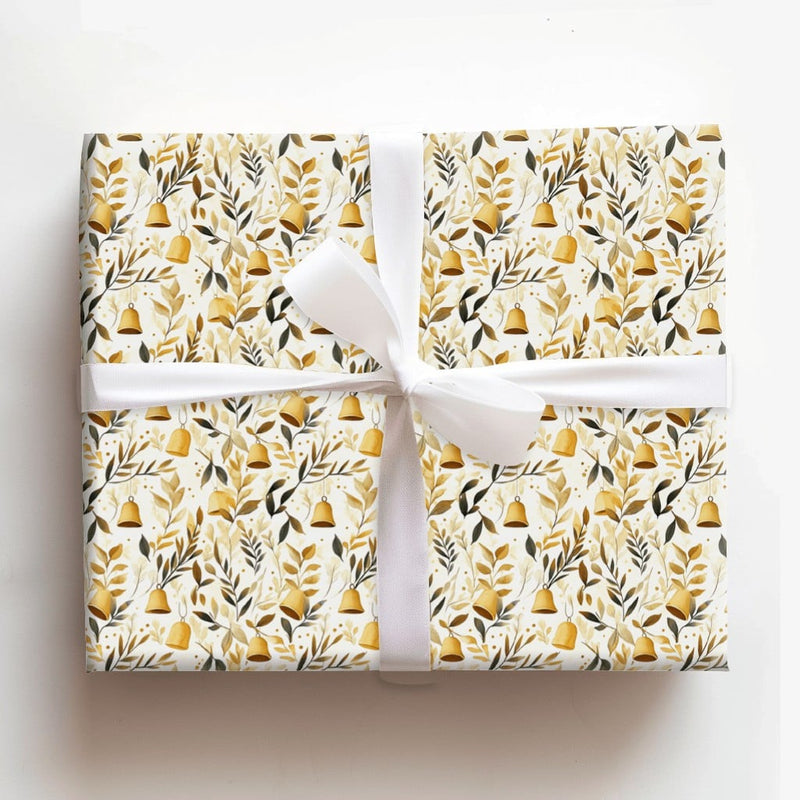 Watercolor Botanical Christmas Gift Wrap, Golden Bells Wrapping Paper, Vintage Holiday Leaves Wrapping Paper, Rustic Present Wrapping Paper