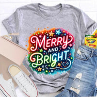 Colorful Retro Holiday Graphic Tee, Merry and Bright Tie Dye Christmas Shirt, Rainbow Xmas T-Shirt, Matching Holiday Outfit