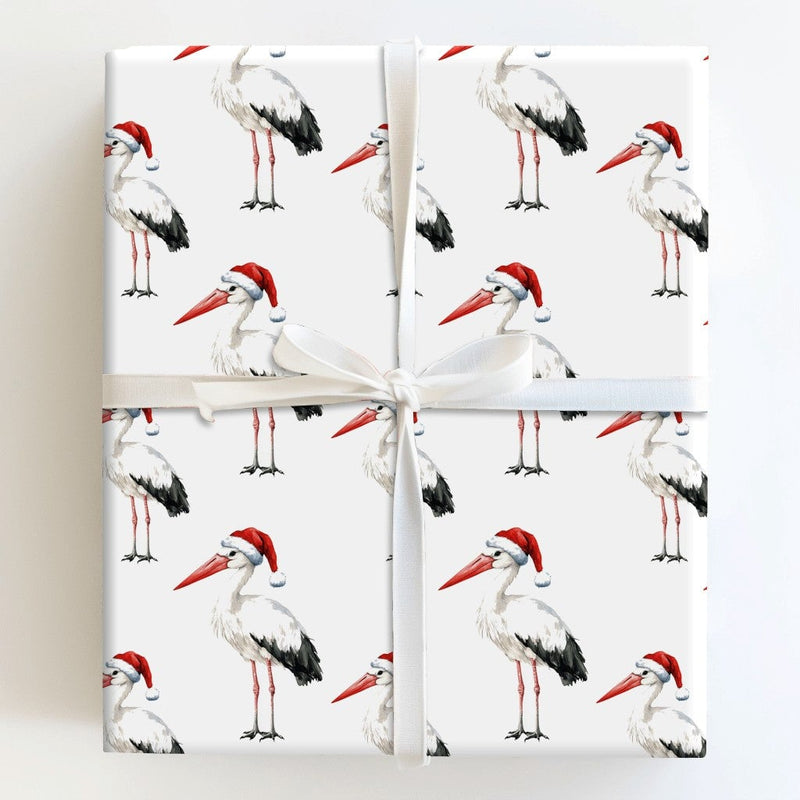 Santa Hat Bird Holiday Gift Wrap, Christmas Stork Wrapping Paper, Watercolor Winter Animal Wrapping Paper, Festive Whimsical Wrapping Paper