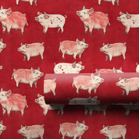 Farmhouse Animal Holiday Gift Wrap, Pink Pig Wrapping Paper, Whimsical Piglet Present Wrap, Adorable Red Pig Theme Christmas Wrapping Paper