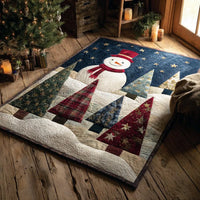 Starry Night Tree Patchwork Rug, Midnight Snowman Christmas Area Rug, Festive Winter Holiday Floor Mat, Non-Slip Xmas Decor Present