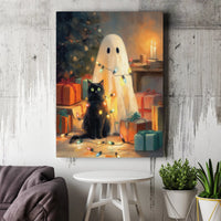 Spooky Ghost and Cat Holiday Print, Ghost and Black Cat Christmas Canvas Art, Gothic Christmas Ghost Wall Art, Digital Download Printable