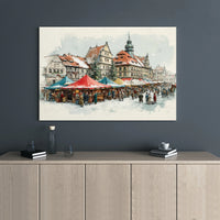 Watercolor Snowy Town Canvas Print, Christmas Market Canvas Wall Art, Winter Town Square Wall Art, Holiday Seasonal Canvas Decor, Xmas Present
