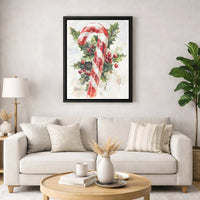 Holly Berries Christmas Wall Decor, Candy Cane Watercolor Wall Art Print, Holiday Season Canvas Art Print, Xmas Canvas Digital Download