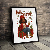 Comfy Coffee Holiday Canvas Print, Hello Christmas Black Girl Canvas Wall Art, Festive Winter Woman Canvas Decor, Xmas Present
