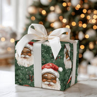Green Holiday Pine Gift Wrap, Watercolor Black Santa Wrapping Paper, Inclusive Santa Claus Wrapping Paper, Festive Christmas Gift Wrap Roll