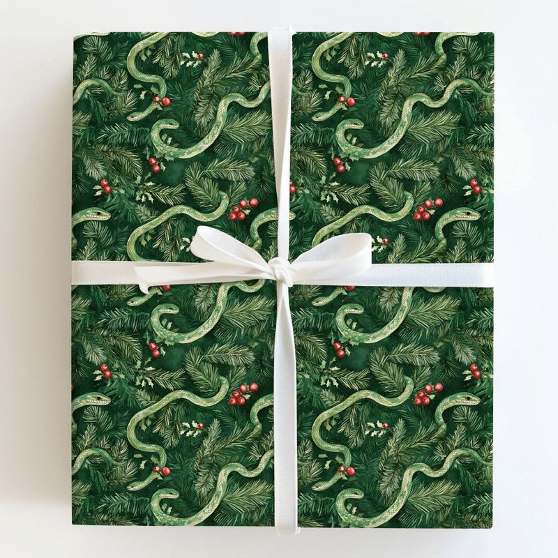 Watercolor Pine Berry Gift Wrap, Green Snake Christmas Wrapping Paper, Botanical Snake Wrapping Paper, Unique Winter Holiday Gift Wrap Roll